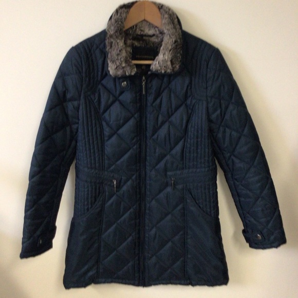Weatherproof EUC blue/black poly fill long jacket, faux fur lining. - Picture 1 of 16